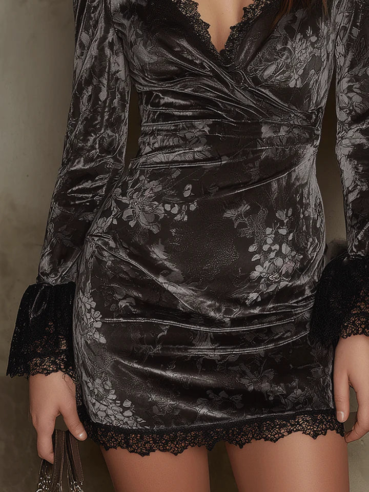 Floral velvet wrap dress with lace trim