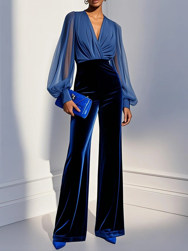 Blue mesh V-neck long-sleeved velvet jumpsuit