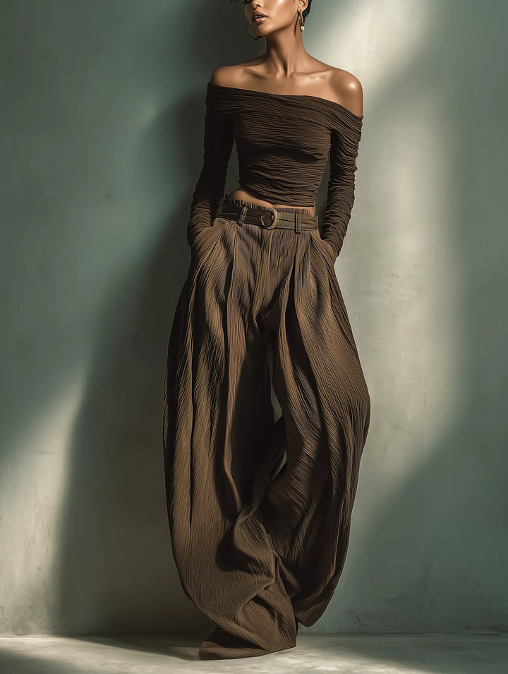 Brown Off-the-shoulder Fitted Top Paired With Wide-leg Trousers Set（Includes belt）