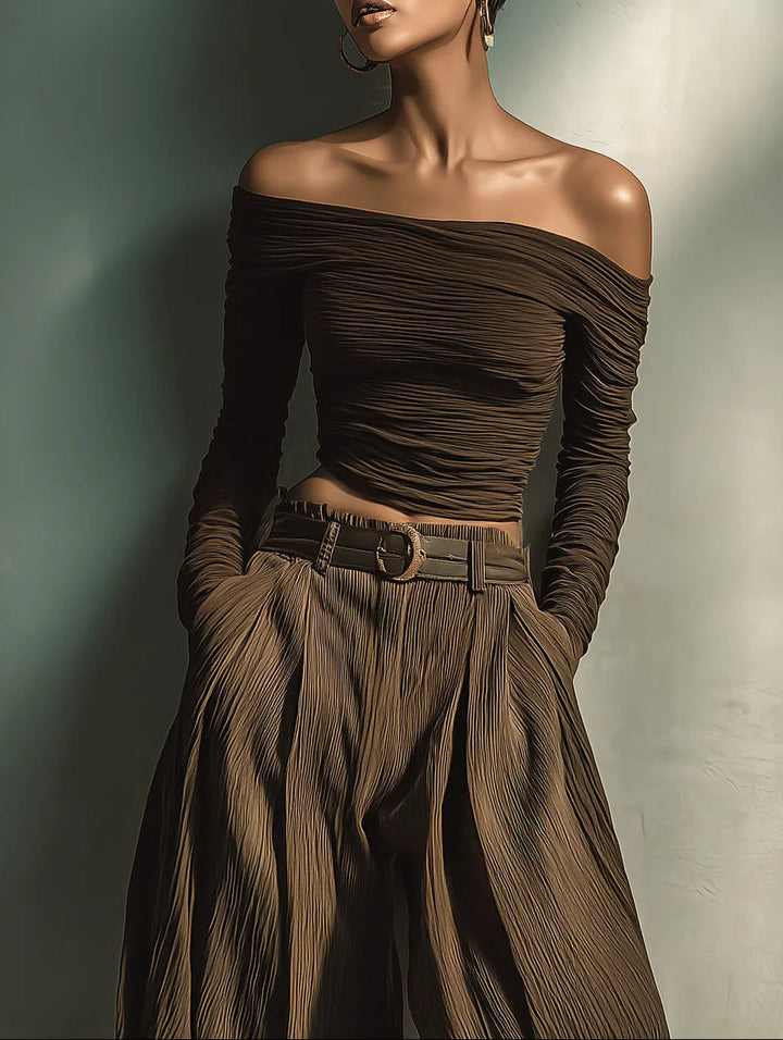 Brown Off-the-shoulder Fitted Top Paired With Wide-leg Trousers Set（Includes belt）
