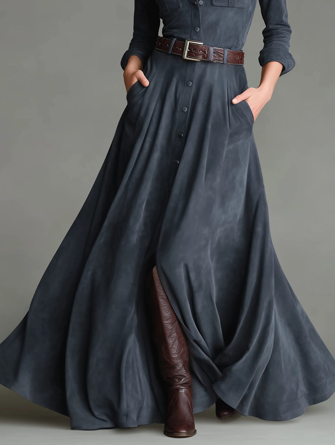 Faux suede shirt collar single-breasted belted floor-length dress(Includes belt)