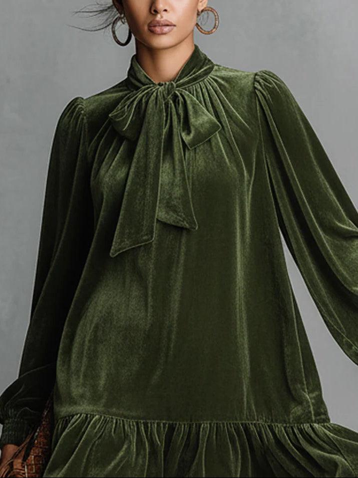 Loose-fitting Velvet Mini Dress With Bow Tie Neckline