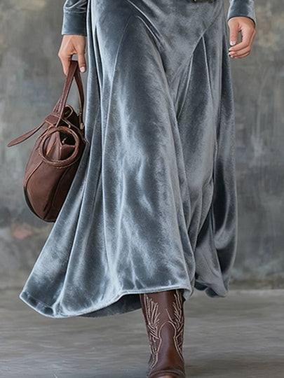 Gray Velvet Lapel Metal Button-down Maxi Dress( (with belt)