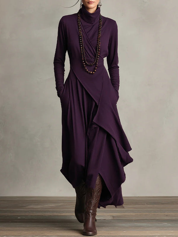 Purple High-neck Asymmetrical Pleated Maxi Dress（Necklace not included）