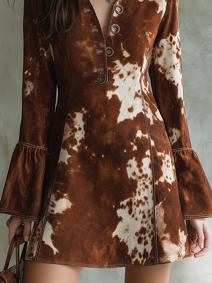 Cow Print Button-down Flared Sleeve Retro Mini Dress