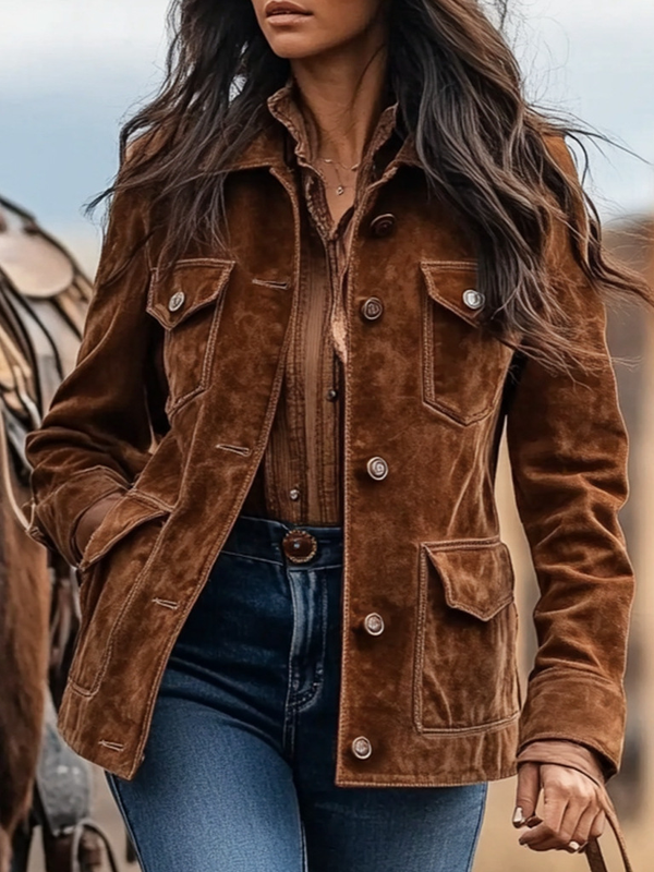 Vintage Suede Multi-Pocket Lapel Collar Jacket