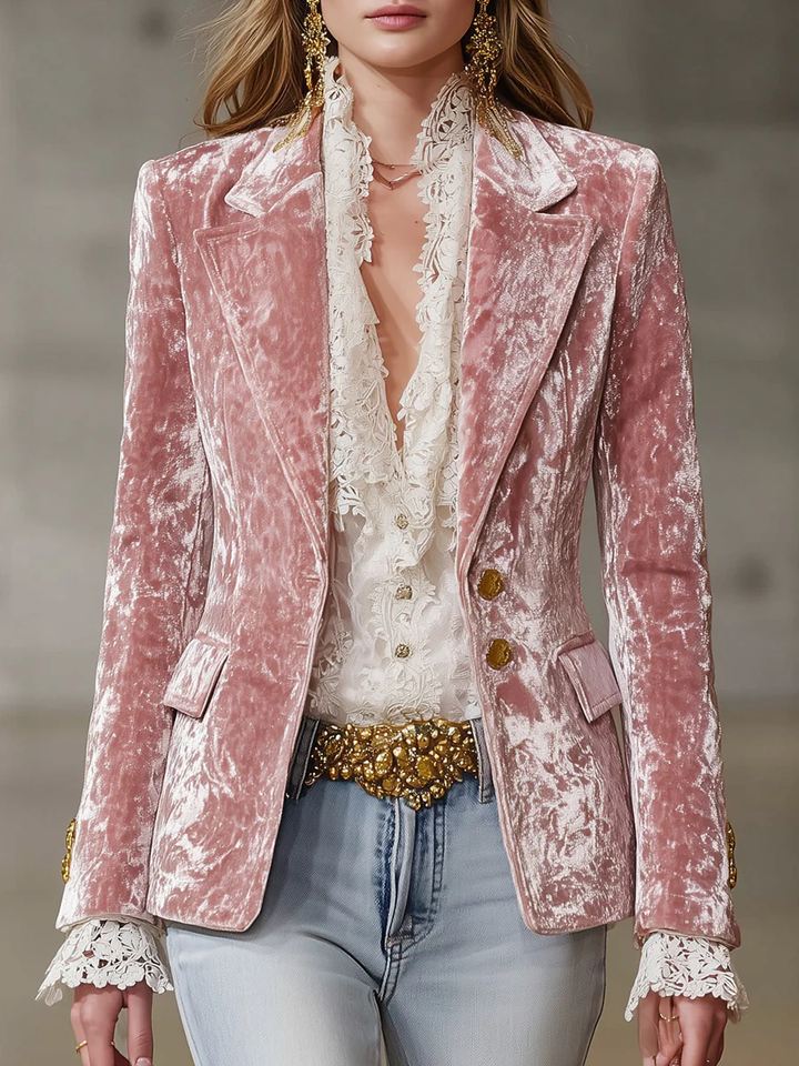 Retro Pink Velvet Gold Button Blazer