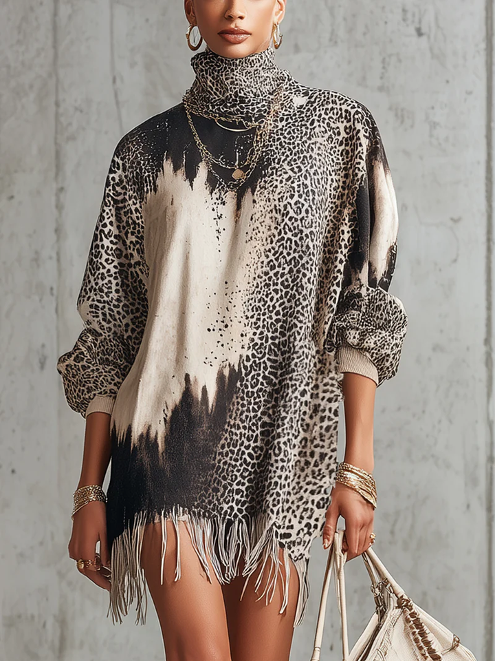 Leopard Print Tie-dye Print High Neck Fringed Hem Mini Dress