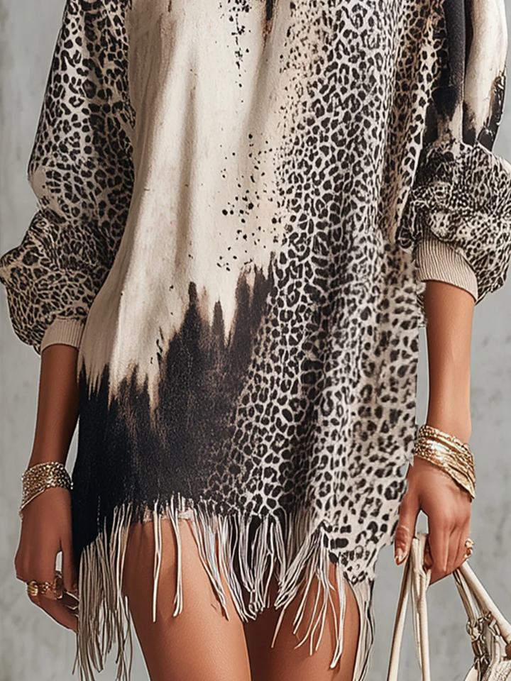 Leopard Print Tie-dye Print High Neck Fringed Hem Mini Dress