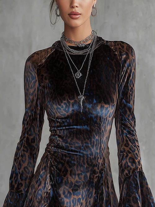 Blue Leopard Print Velvet Mini Dress
