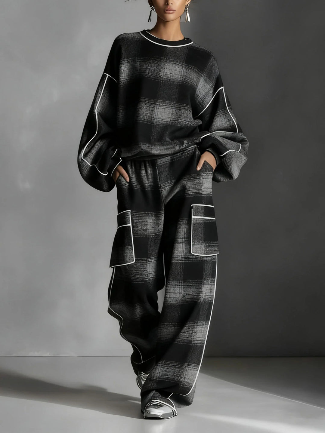 Plaid Color-blocked Sweatshirt and Casual Pants Two-piece set