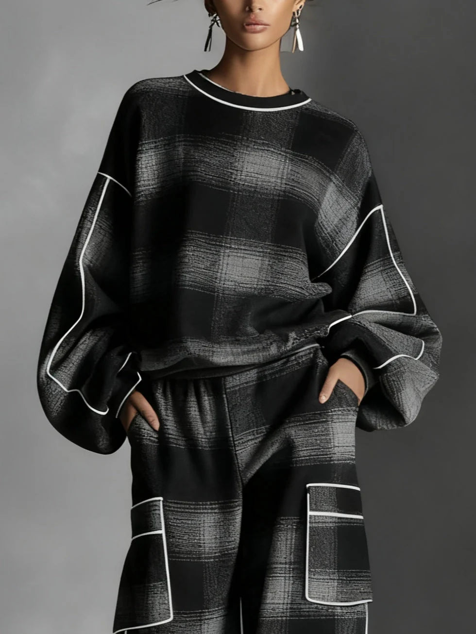 Plaid Color-blocked Sweatshirt and Casual Pants Two-piece set