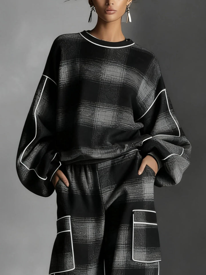 Plaid Color-blocked Sweatshirt and Casual Pants Two-piece set