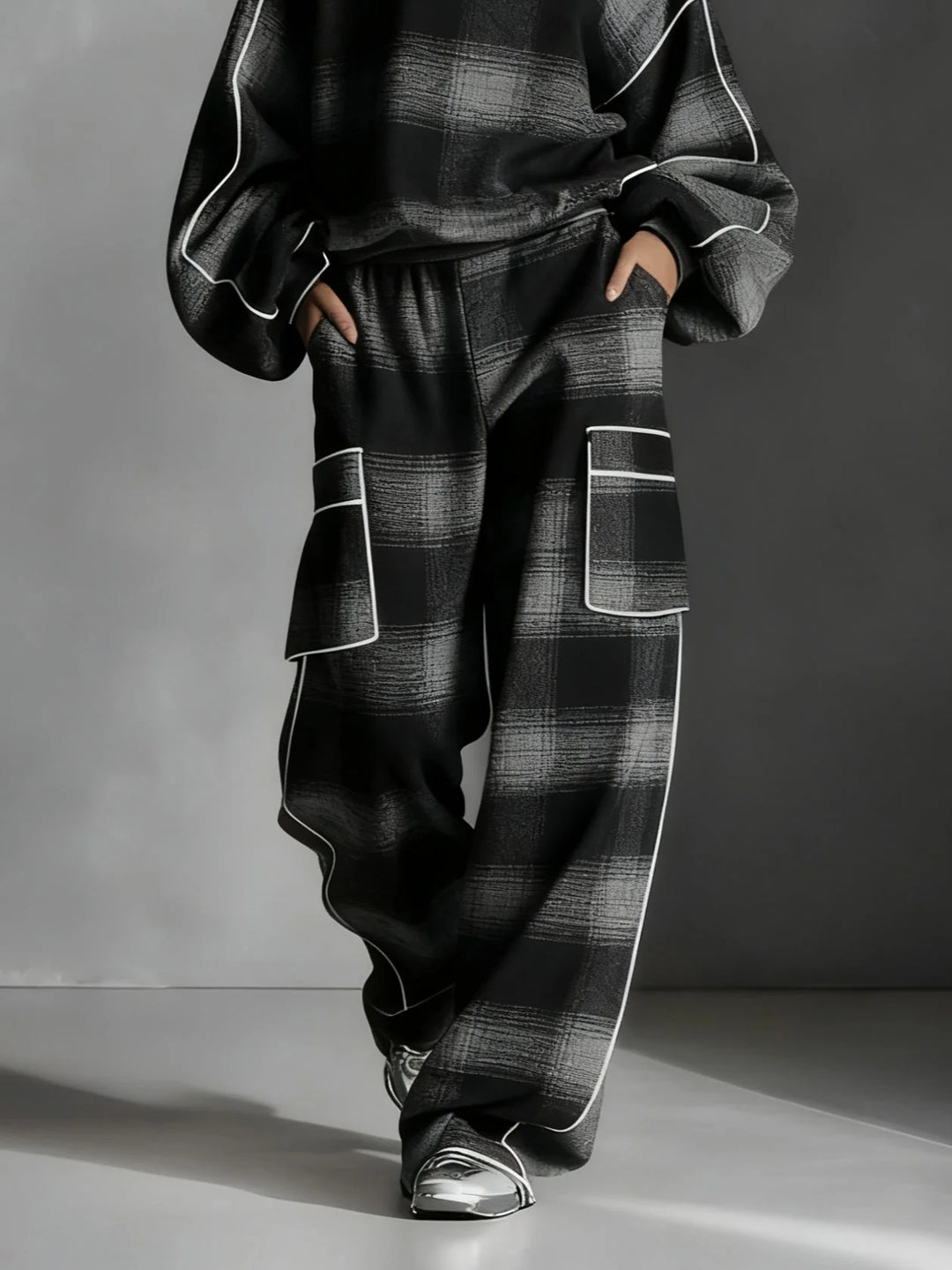 Plaid Color-blocked Sweatshirt and Casual Pants Two-piece set