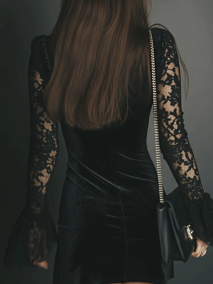 Black Velvet Lace Flared Sleeve Mini Dress