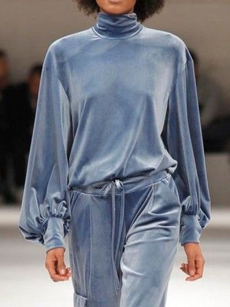 Light Blue Velvet Turtleneck Puff Sleeve Top and Jogger Cargo Pants Set