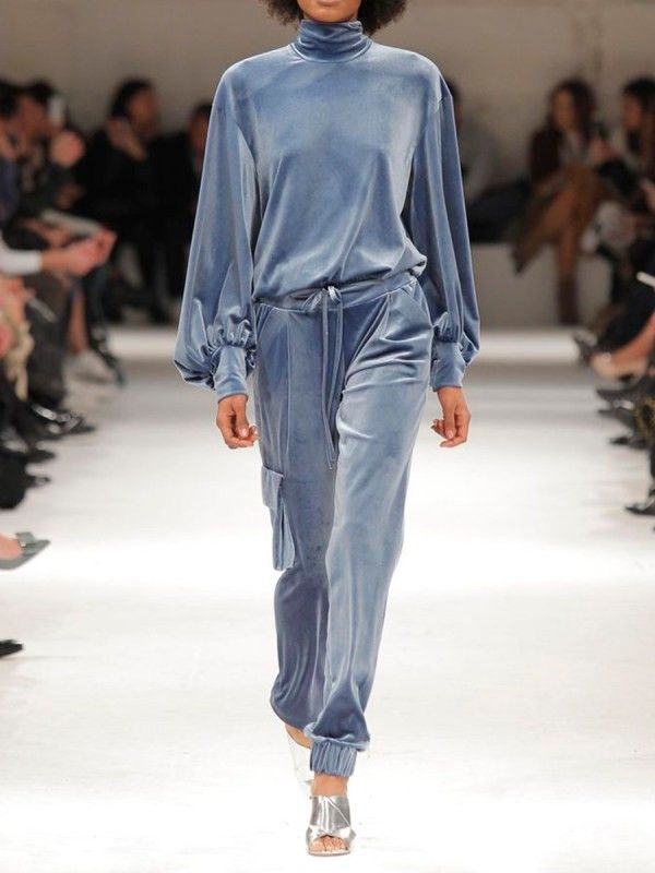 Light Blue Velvet Turtleneck Puff Sleeve Top and Jogger Cargo Pants Set