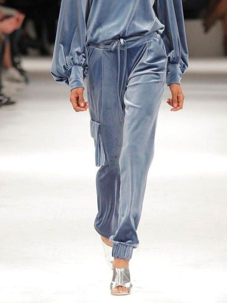 Light Blue Velvet Turtleneck Puff Sleeve Top and Jogger Cargo Pants Set