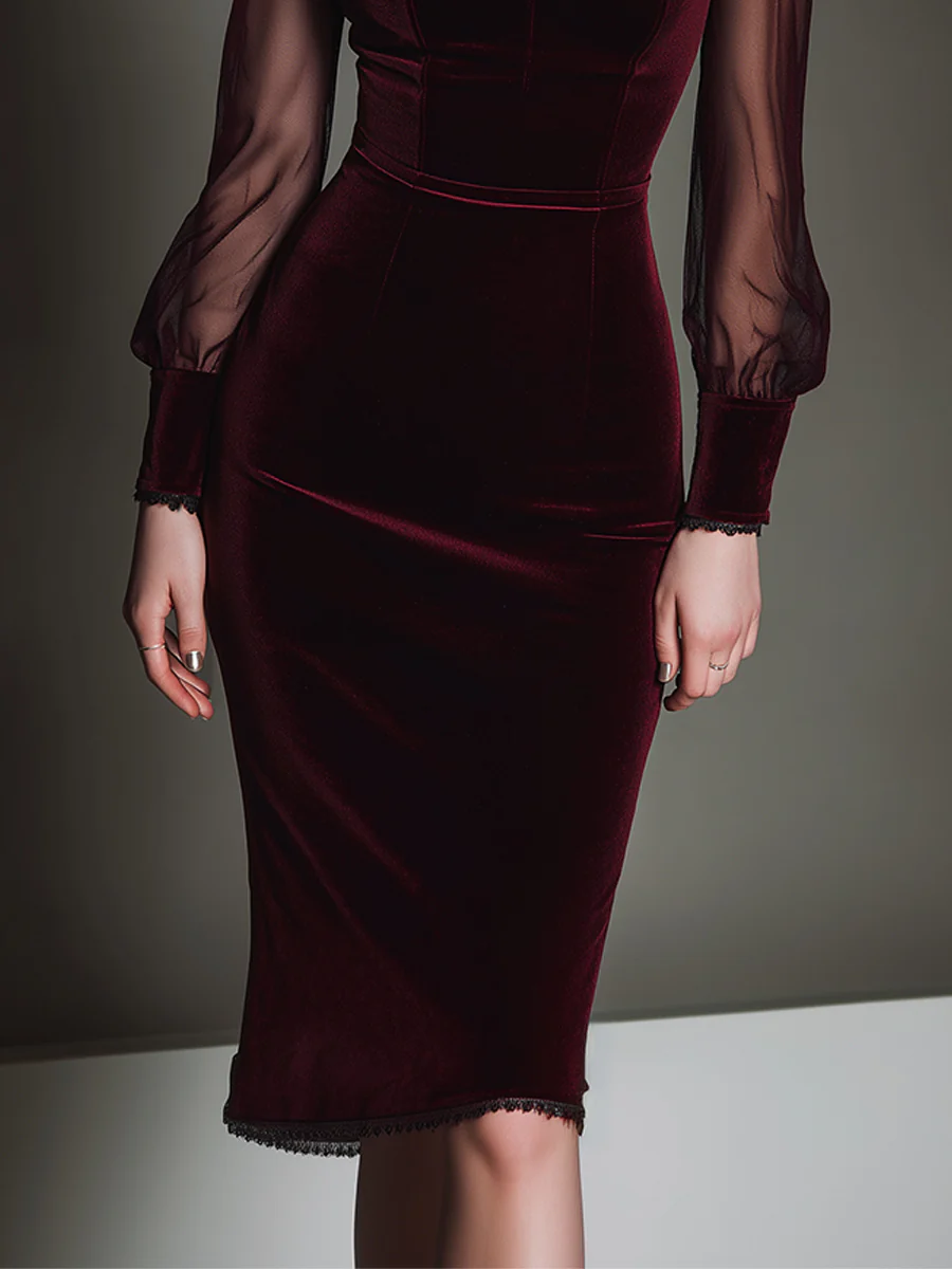 Burgundy Velvet Patchwork Sweetheart Neck Mesh Pencil Midi Dress – Bellina