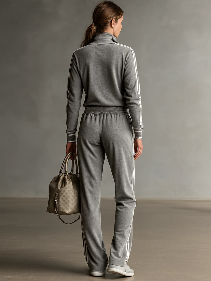Grey Zip-up Collar White Trim Embroidered Sweatshirt Casual Two-piece Set