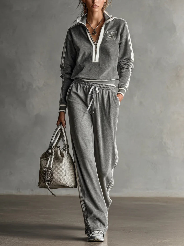 Grey Zip-up Collar White Trim Embroidered Sweatshirt Casual Two-piece Set