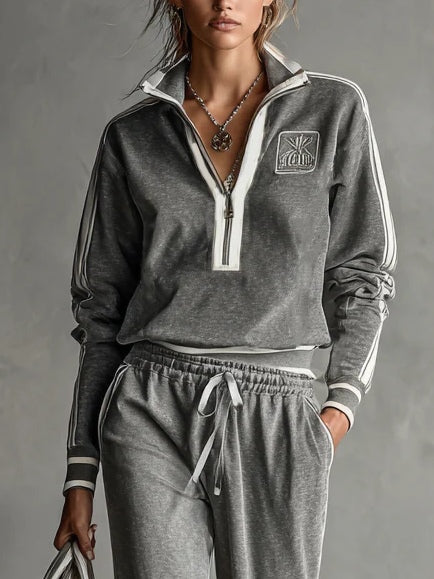 Grey Zip-up Collar White Trim Embroidered Sweatshirt Casual Two-piece Set