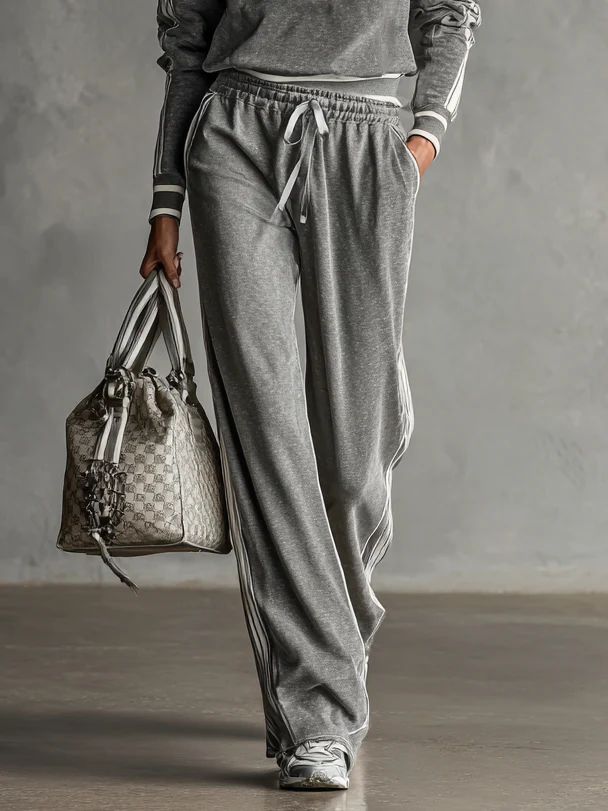 Grey Zip-up Collar White Trim Embroidered Sweatshirt Casual Two-piece Set