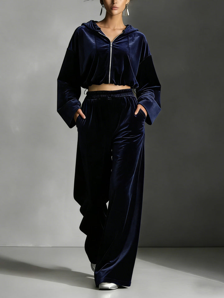 Navy Blue Velvet Zip-up Hoodie and Wide-leg Pants Two-piece Set