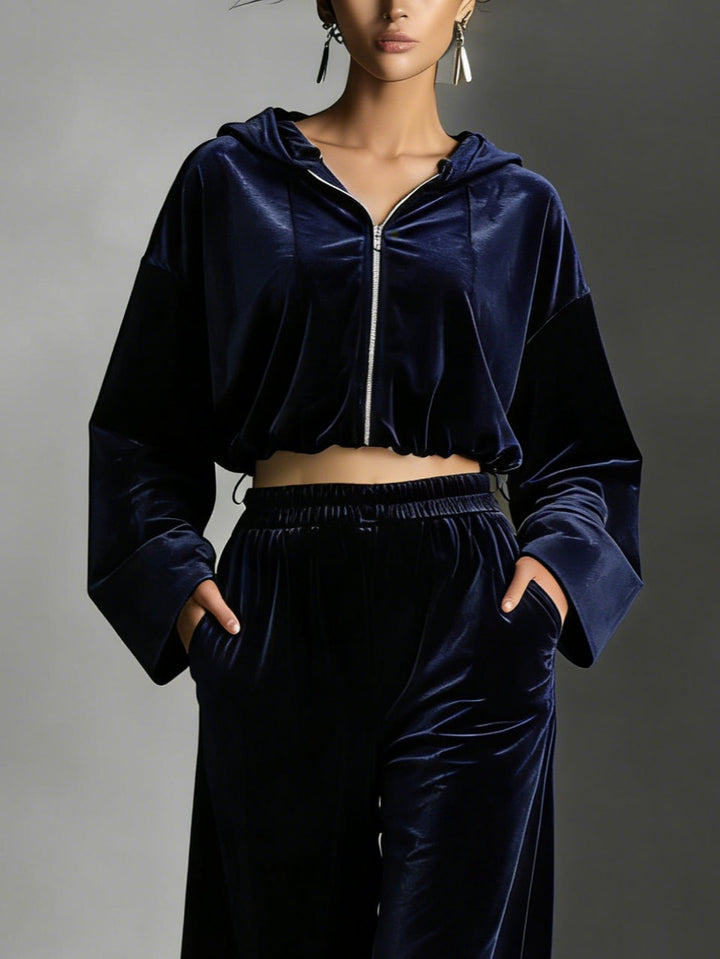 Navy Blue Velvet Zip-up Hoodie and Wide-leg Pants Two-piece Set