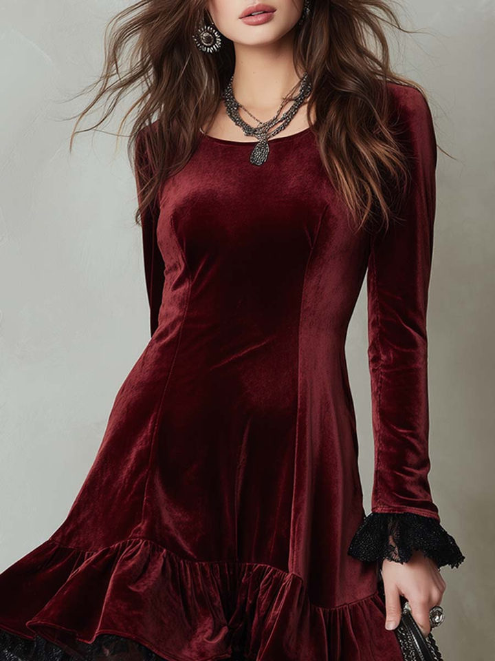 Burgundy Color-blocked Lace-trimmed Flared Hem Velvet Midi Dress