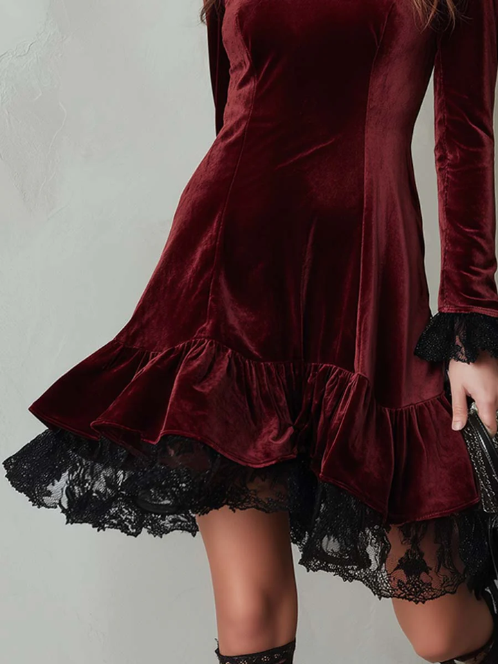 Burgundy Color-blocked Lace-trimmed Flared Hem Velvet Midi Dress