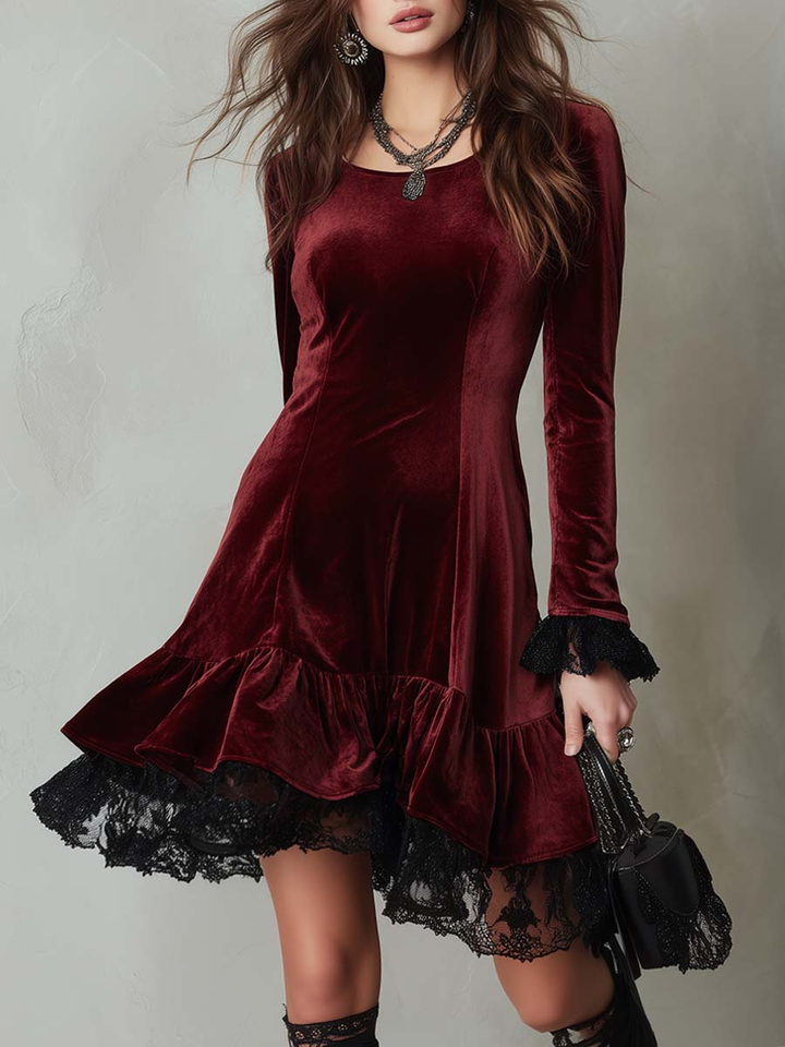 Burgundy Color-blocked Lace-trimmed Flared Hem Velvet Midi Dress
