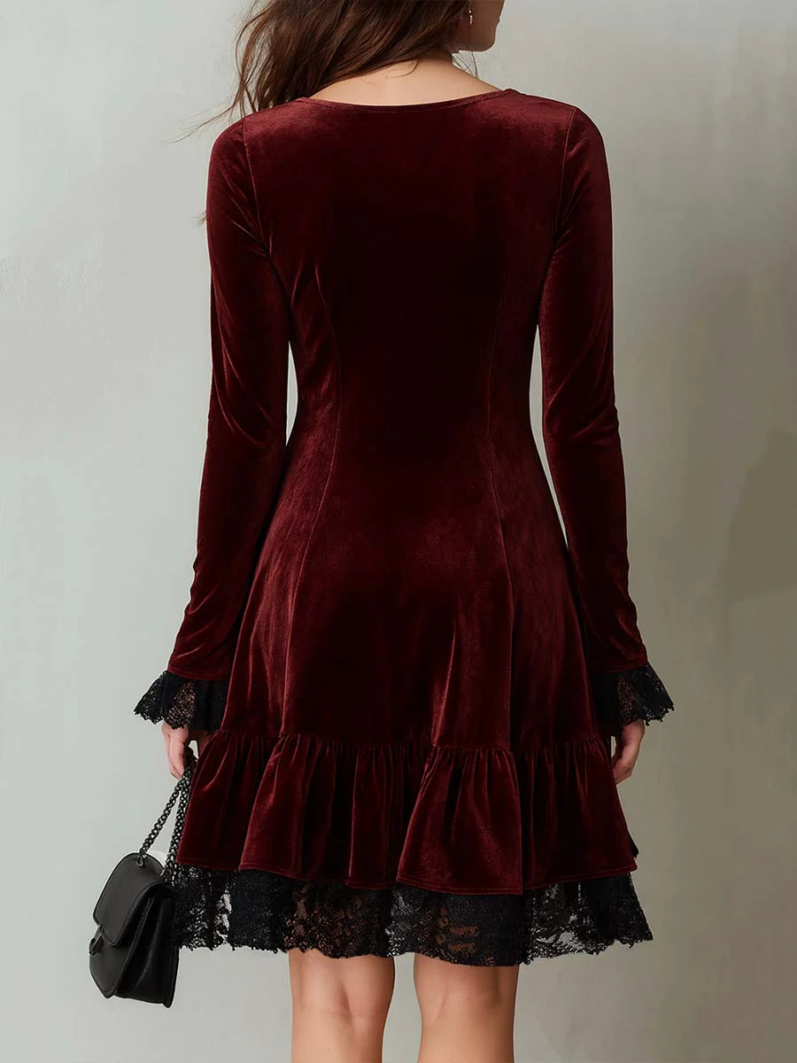 Burgundy Color-blocked Lace-trimmed Flared Hem Velvet Midi Dress