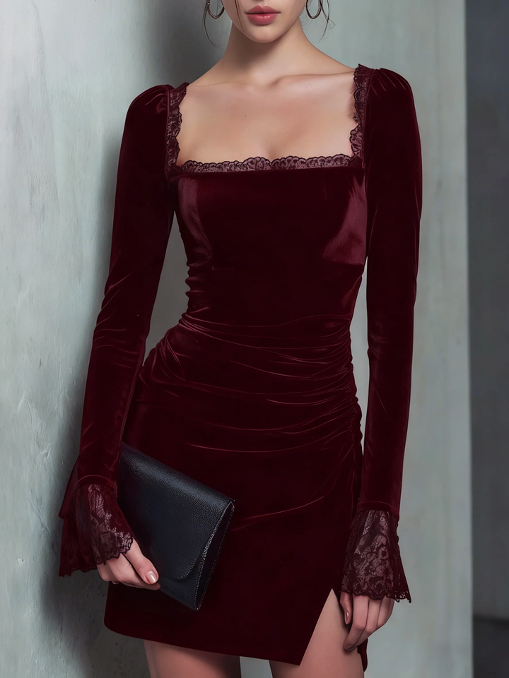 Velvet Square Neck Lace-trimmed Mini Dress