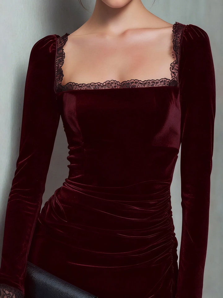 Velvet Square Neck Lace-trimmed Mini Dress