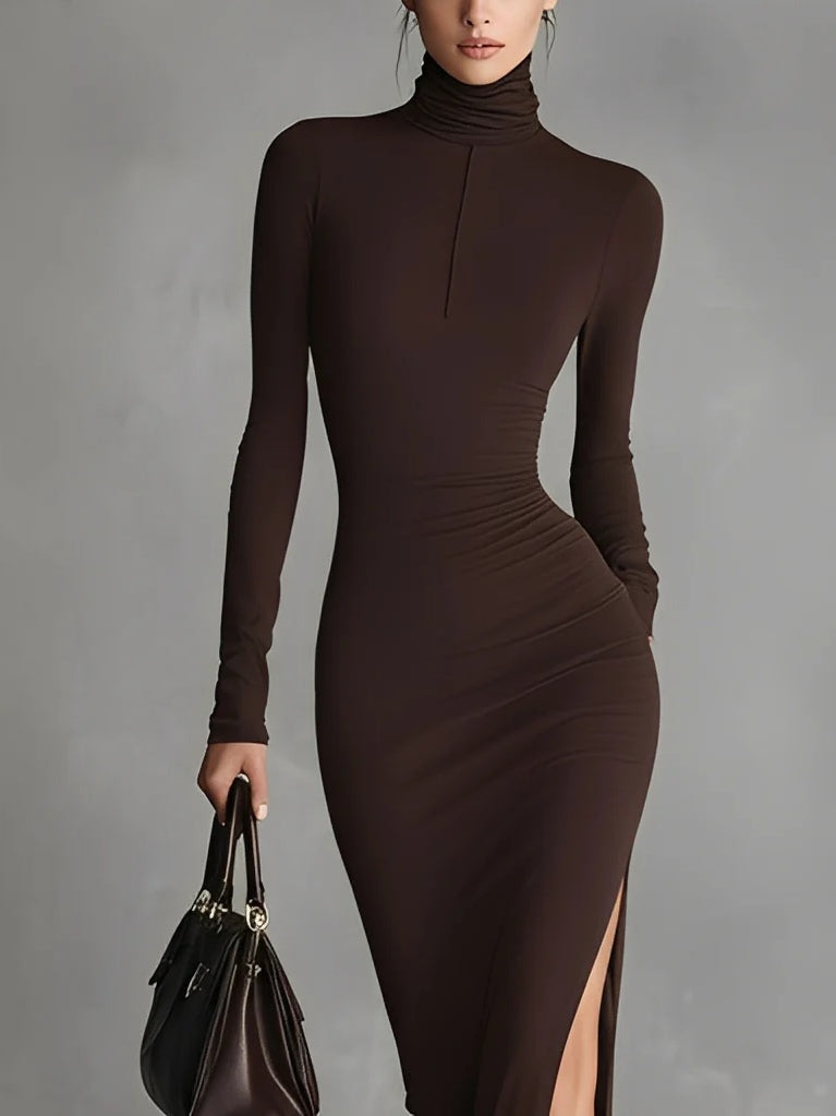 Brown Stretch Fabric Chic Turtleneck Bodycon Slit Dress
