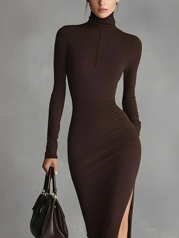 Brown Stretch Fabric Chic Turtleneck Bodycon Slit Dress
