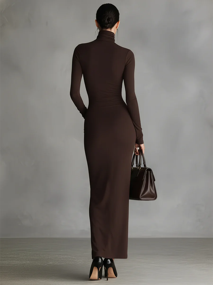 Brown Stretch Fabric Chic Turtleneck Bodycon Slit Dress