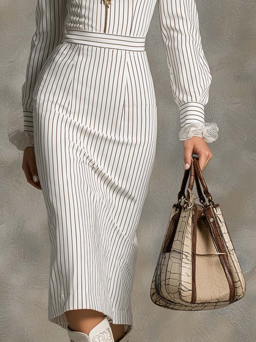 Vintage White Striped Zip-up Collar Lace Cuff Midi Dress