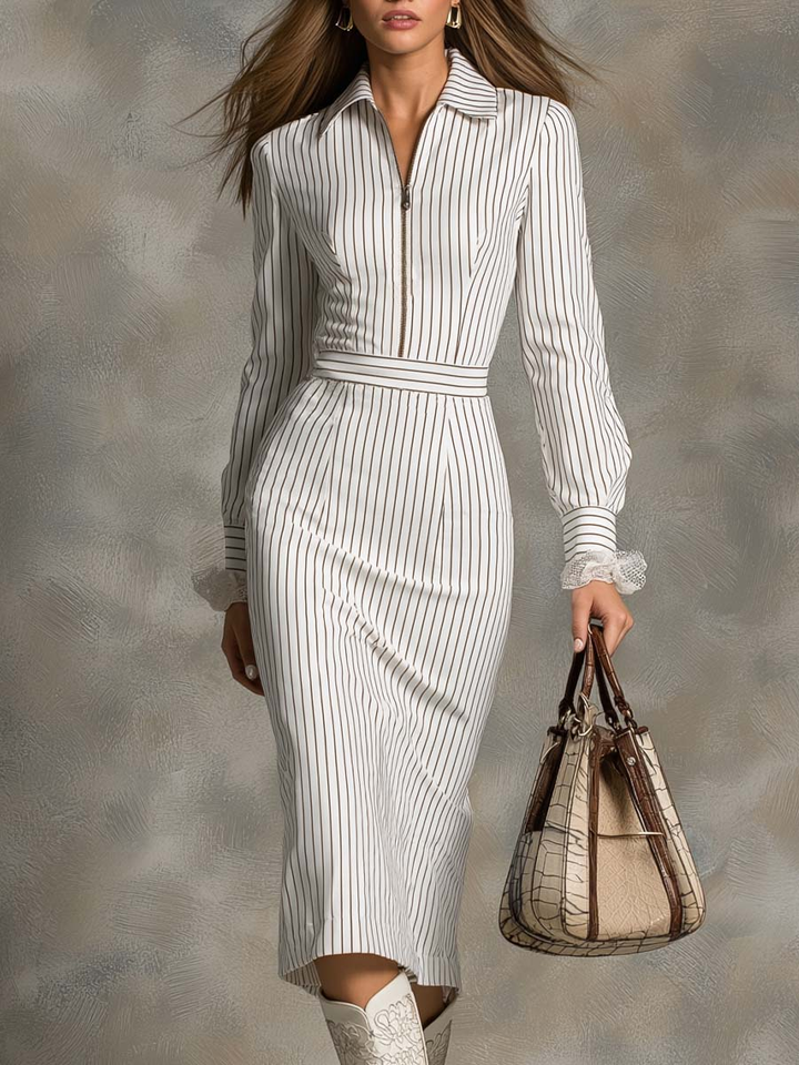 Vintage White Striped Zip-up Collar Lace Cuff Midi Dress
