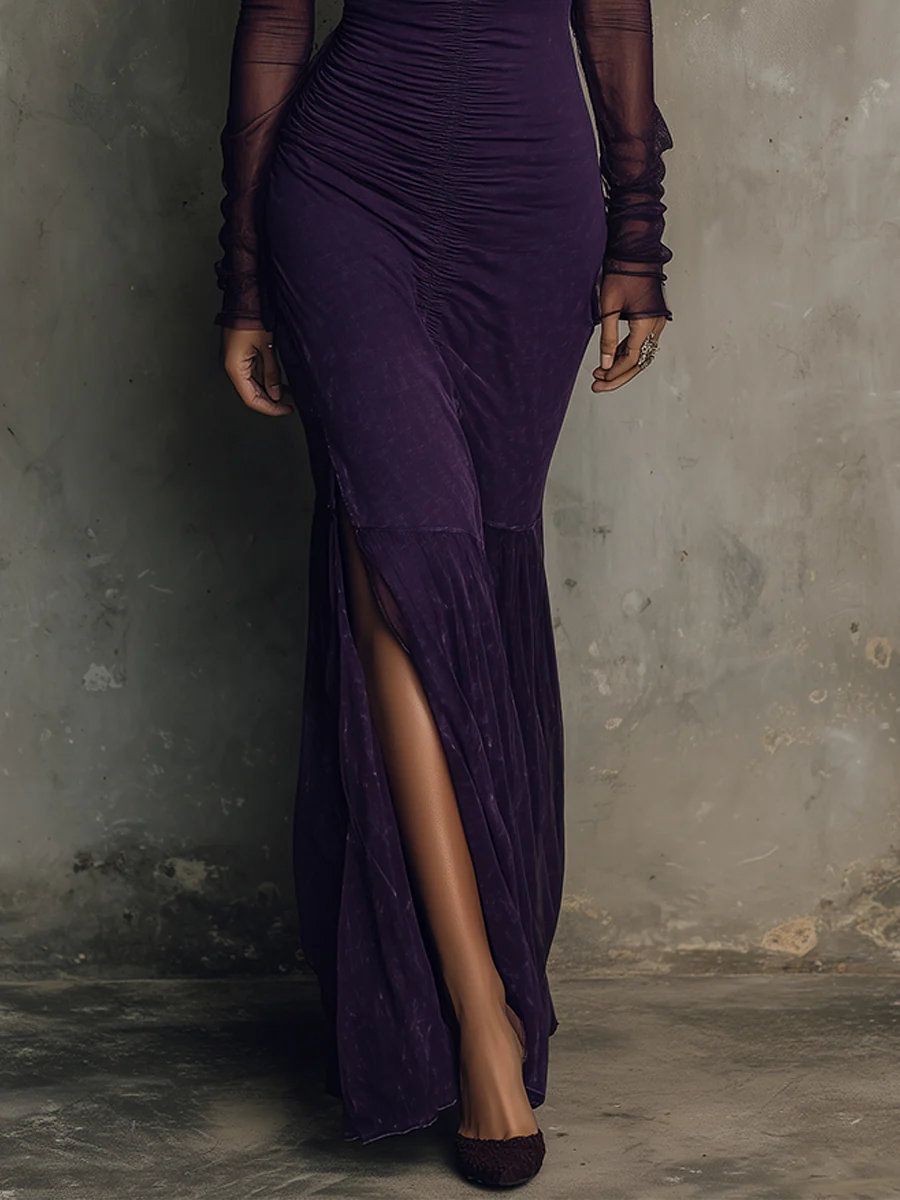 Dark Purple Mesh And Stretch Crepe Fabric Pleated Slit Maxi Dress