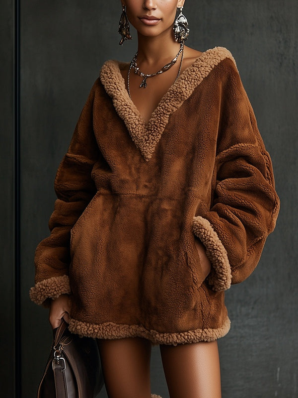 V-neck color-blocked fleece loose-fitting mini dress