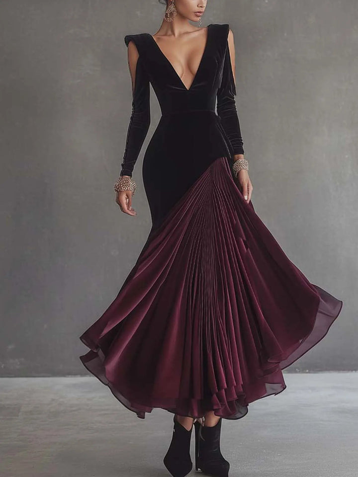 Black V-neck openwork velvet and chiffon patchwork dress