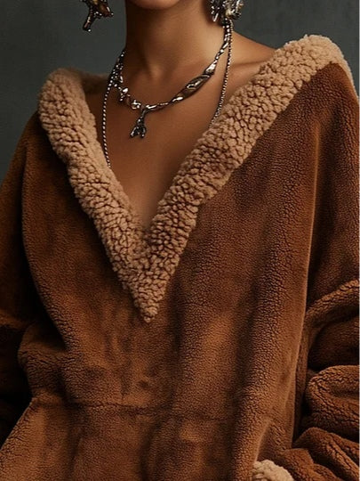 V-neck color-blocked fleece loose-fitting mini dress