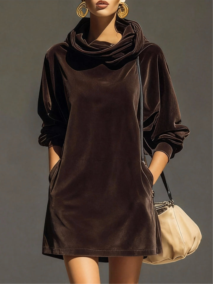 Vintage brown velvet hoodie, loose mini dress